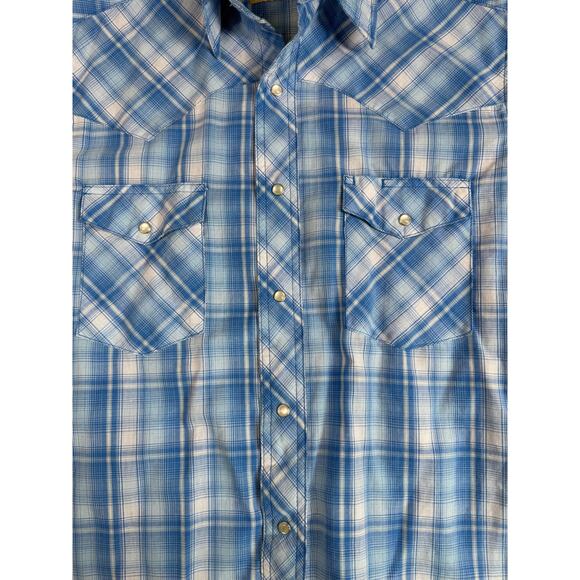 Wrangler Pearl Snap Collared Shirt Size Medium Western Short Sleeve Blue Plaid - Picture 3 of 8